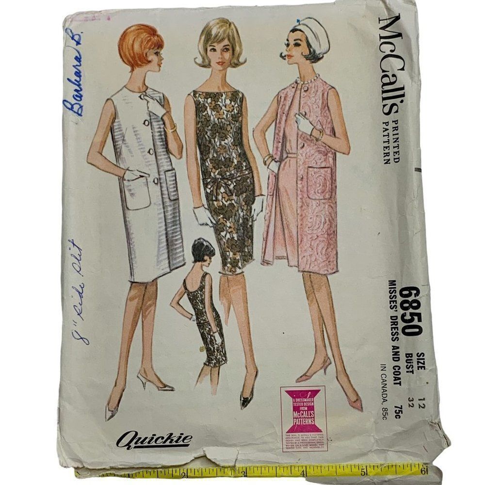 Vintage 60s McCalls 6850 Pattern Misses 10-18 Mod Sleeveless Dress Coat Uncut